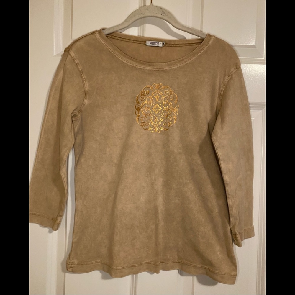 Energe worldwear 100% cotton tan/gold long sleeve tee.